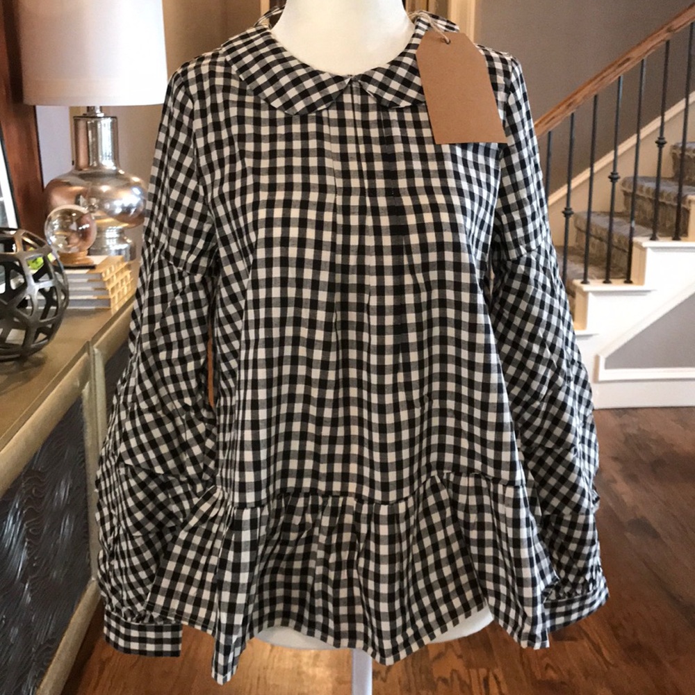 COTTON GINGHAM LONG RUFFLE SLEEVE TOP TIE BACK - Picture 7 of 7